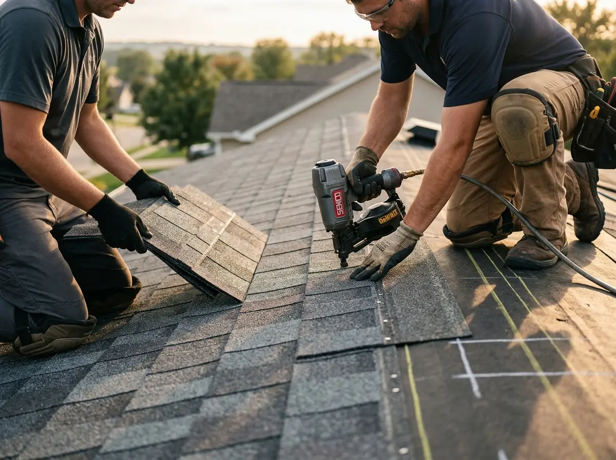 Professional roofer working on a residential roof in Fallsburg